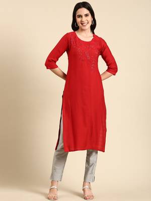 women's calf length scoop neck red embellished straight kurta 1