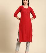 women's calf length scoop neck red embellished straight kurta