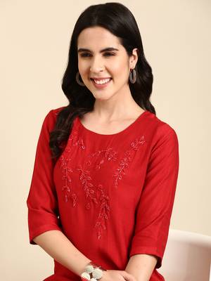 women's calf length scoop neck red embellished straight kurta 2