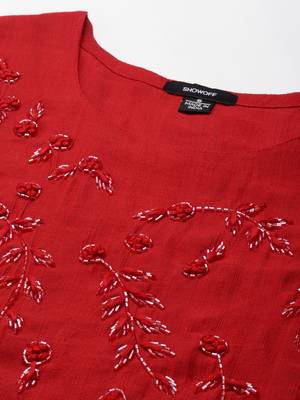 women's calf length scoop neck red embellished straight kurta 3