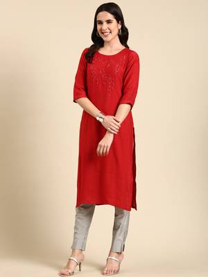 women's calf length scoop neck red embellished straight kurta 4