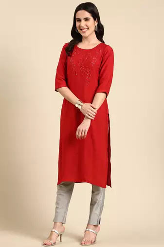 women's calf length scoop neck red embellished straight kurta