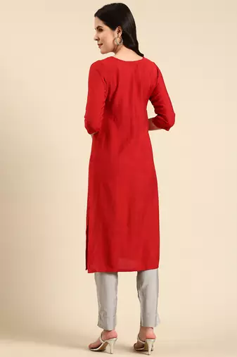 women's calf length scoop neck red embellished straight kurta