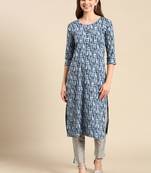 Showoff women's calf length scoop neck blue abstract straight kurta
