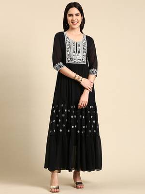 Showoff women's ankle length round neck navy blue embellished anarkali kurta 1