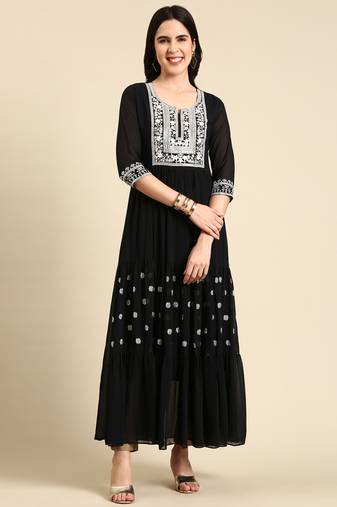 Showoff women's ankle length round neck navy blue embellished anarkali kurta