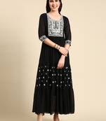 Showoff women's ankle length round neck navy blue embellished anarkali kurta