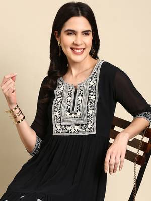 Showoff women's ankle length round neck navy blue embellished anarkali kurta 2