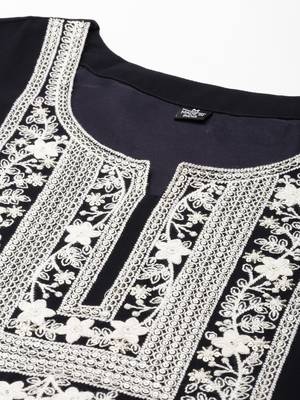 Showoff women's ankle length round neck navy blue embellished anarkali kurta 3