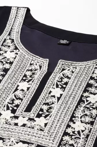 Showoff women's ankle length round neck navy blue embellished anarkali kurta