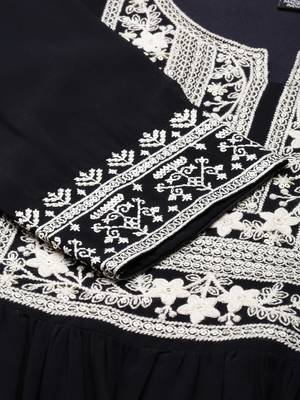 Showoff women's ankle length round neck navy blue embellished anarkali kurta 4