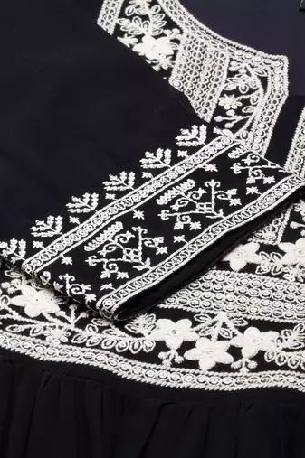 Showoff women's ankle length round neck navy blue embellished anarkali kurta