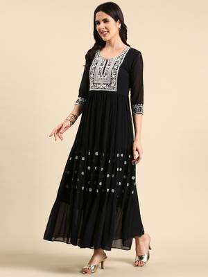 Showoff women's ankle length round neck navy blue embellished anarkali kurta 5