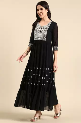 Showoff women's ankle length round neck navy blue embellished anarkali kurta