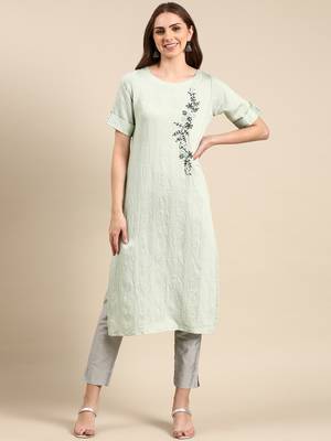 women's calf length round neck sea green solid straight kurta 1