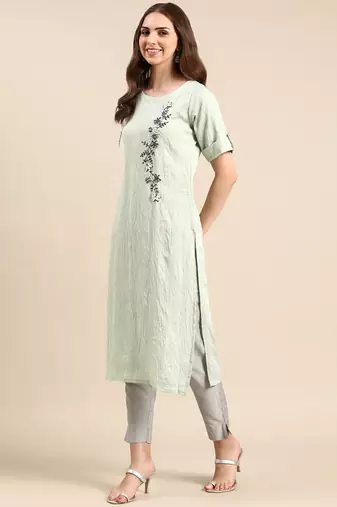 women's calf length round neck sea green solid straight kurta