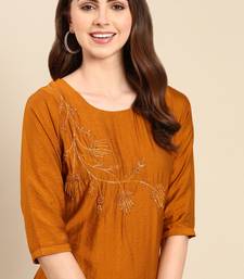 women's knee length scoop neck mustard embellished straight kurta