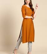 women's knee length scoop neck mustard embellished straight kurta