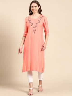 women's calf length scoop neck peach embellished straight kurta 1