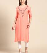 women's calf length scoop neck peach embellished straight kurta