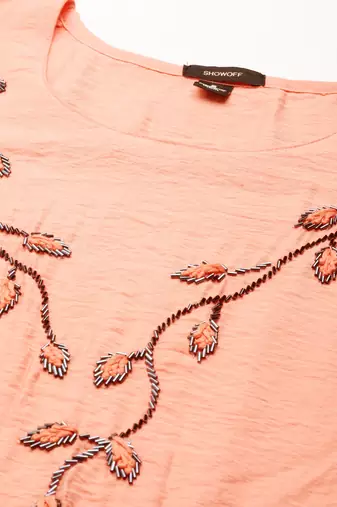 women's calf length scoop neck peach embellished straight kurta