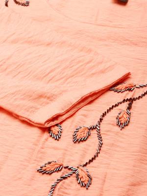 women's calf length scoop neck peach embellished straight kurta 4