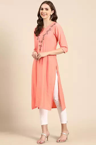 women's calf length scoop neck peach embellished straight kurta