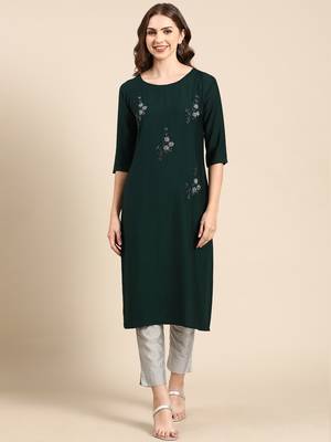 women's calf length scoop neck green embellished straight kurta 1