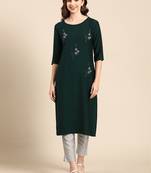 women's calf length scoop neck green embellished straight kurta