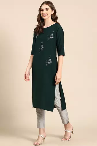 women's calf length scoop neck green embellished straight kurta