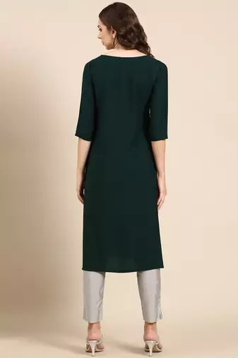 women's calf length scoop neck green embellished straight kurta