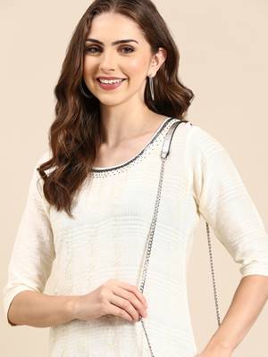 women's knee length scoop neck cream woven design anarkali kurta 2