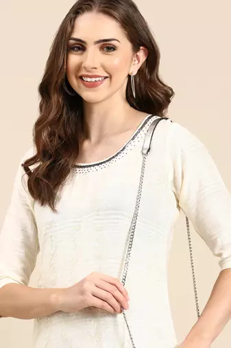 women's knee length scoop neck cream woven design anarkali kurta