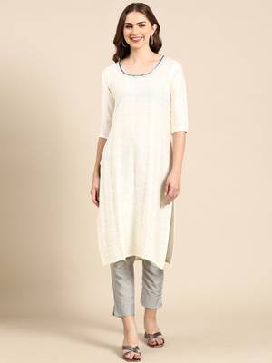 women's knee length scoop neck cream woven design anarkali kurta 1