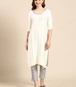 women's knee length scoop neck cream woven design anarkali kurta