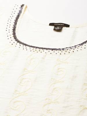 women's knee length scoop neck cream woven design anarkali kurta 3