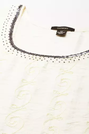women's knee length scoop neck cream woven design anarkali kurta