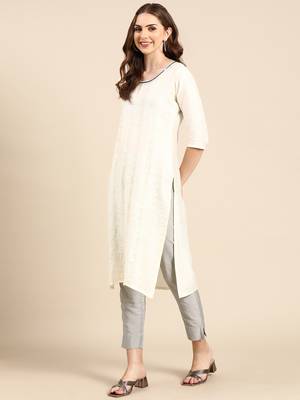 women's knee length scoop neck cream woven design anarkali kurta 4