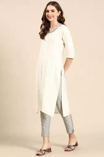women's knee length scoop neck cream woven design anarkali kurta