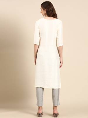 women's knee length scoop neck cream woven design anarkali kurta 5