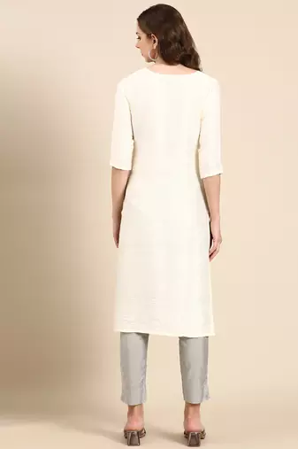 women's knee length scoop neck cream woven design anarkali kurta