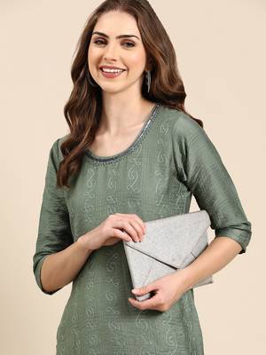 Showoff women's knee length scoop neck green woven design anarkali kurta 2