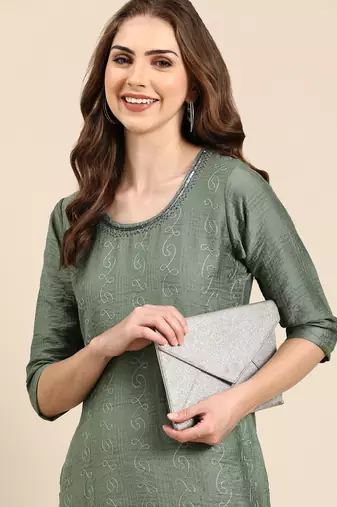 Showoff women's knee length scoop neck green woven design anarkali kurta