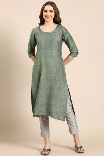 Showoff women's knee length scoop neck green woven design anarkali kurta
