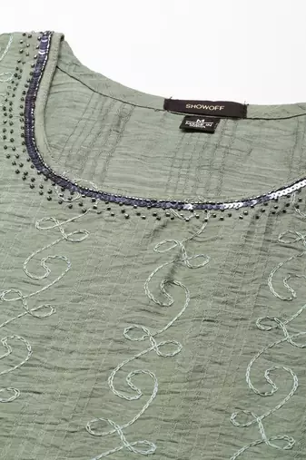 Showoff women's knee length scoop neck green woven design anarkali kurta