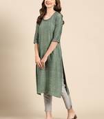 Showoff women's knee length scoop neck green woven design anarkali kurta