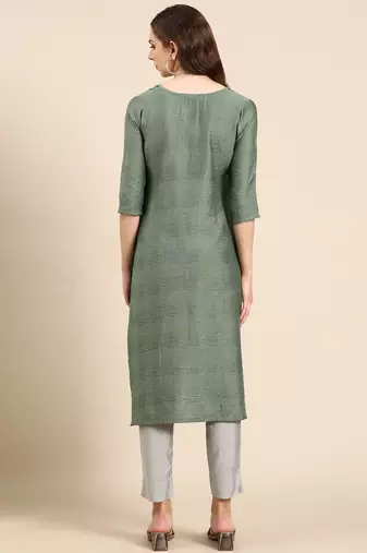 Showoff women's knee length scoop neck green woven design anarkali kurta