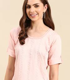 women's calf length scoop neck peach embellished straight kurta