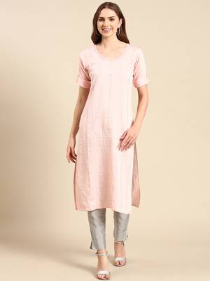 women's calf length scoop neck peach embellished straight kurta 1