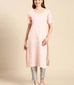 women's calf length scoop neck peach embellished straight kurta